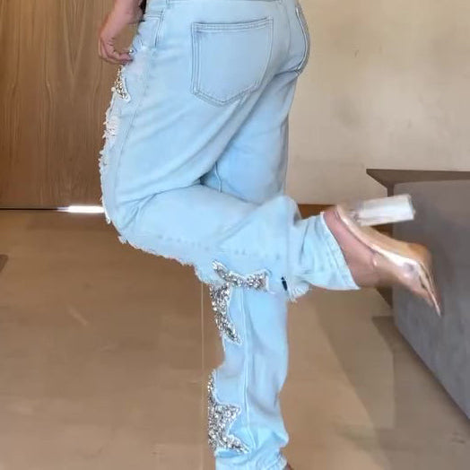 Five-pointed Star Hot Diamond Ripped Jeans