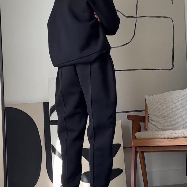 Casual Round Neck Long Sleeve Sweatshirt & Elastic Waist Pants Set - black