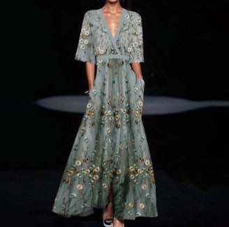 V-neck Split Short-sleeved Midi Dress