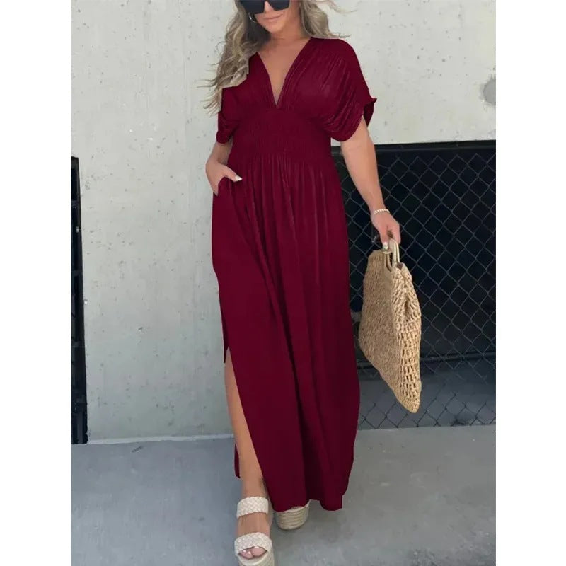 Short Sleeve Elastic Waist Maxi Dresses - wine red
