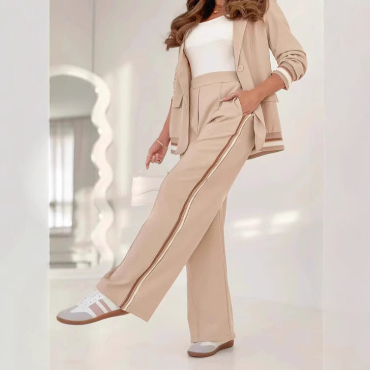 2 Pcs Set Long Sleeves Jacket Wide Leg High Waist Trousers Outfit -beige