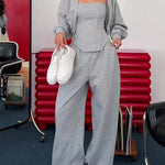 Grey Three-Piece Set With Hooded Jacket, Corset Top And Wide-Leg Pants