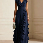 V-Neck Ruffle Maxi Dress - dark blue