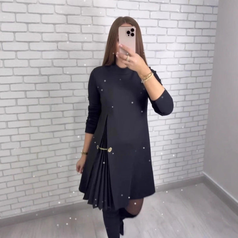 Elegant Patchwork Pleated Long-Sleeved Dress
