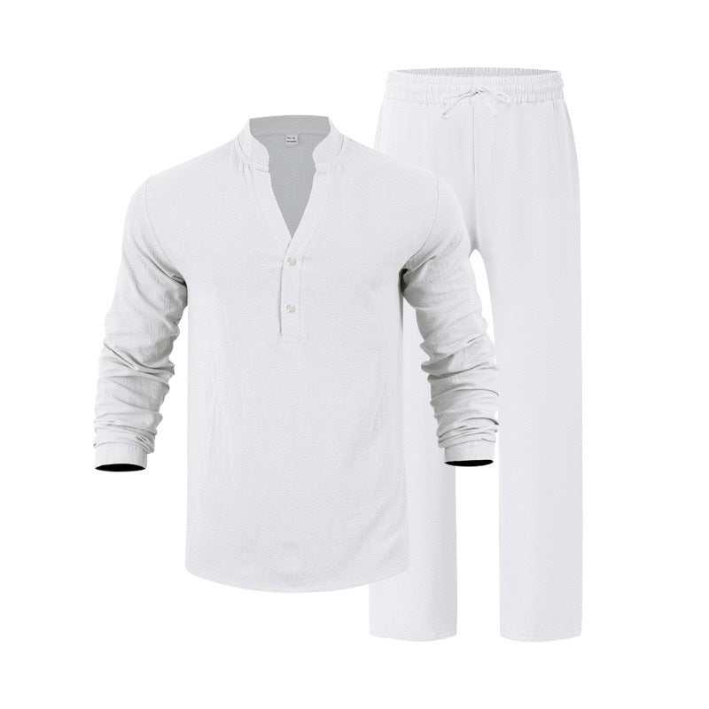 V-Neck Shirt And Long Pants Set - white