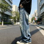 Men's Heavy-Distressed Washed Ripped Baggy Wide-Leg Streetwear Denim Jeans
