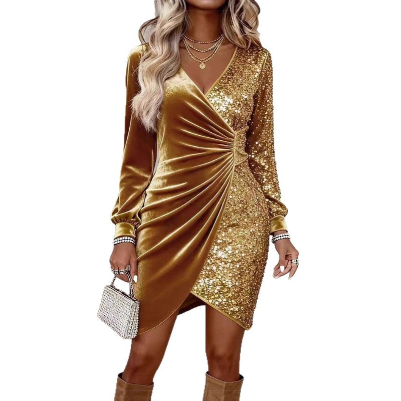 V-neck Sequin Velvet Bodycon Dress