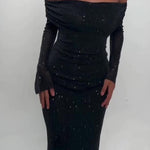 Off-Shoulder Maxi Dress With Glitter Detail And Mesh Sleeves - dark green