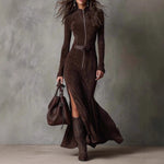 Temperament Split Long-sleeved Maxi Dresses - Coffee