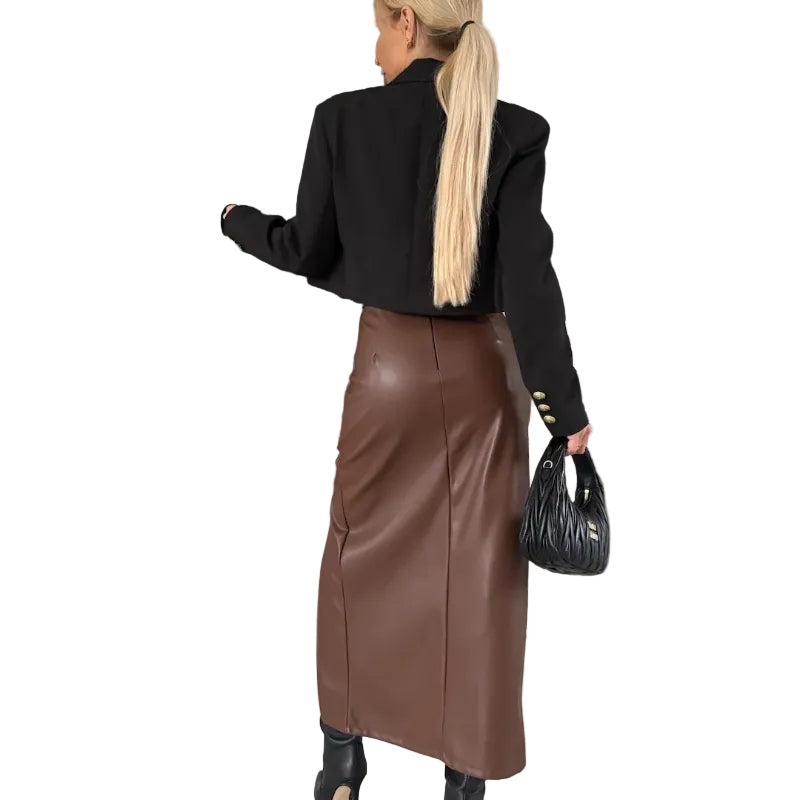 High Waist Split Leather Skirt