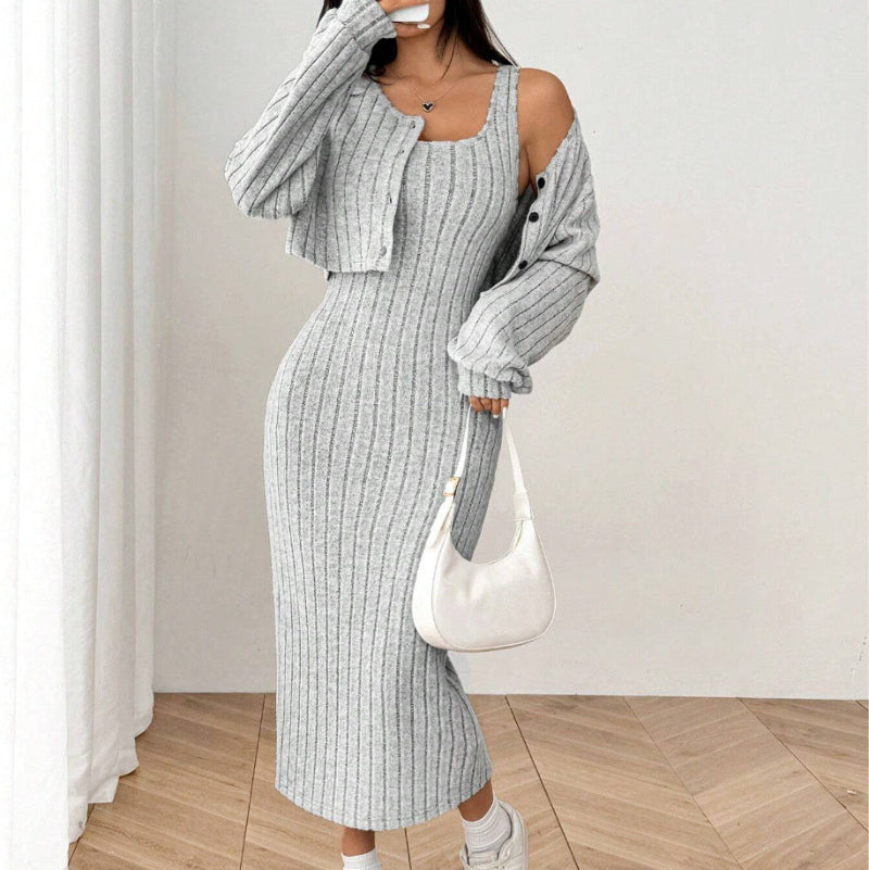 Ribbed Knit Dress and Cropped Cardigan Set - light grey