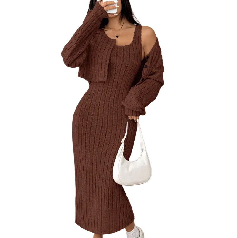 Ribbed Knit Dress and Cropped Cardigan Set - maroon