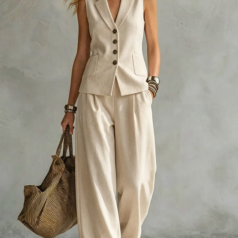 Two-piece V-Neck Sleeveless Vest And Wide Leg Pants - beige