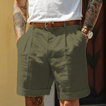 Pleated Linen Shorts with Turn-Up Hem - green