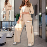 2 Pcs Set Long Sleeves Jacket Wide Leg High Waist Trousers Outfit - beige