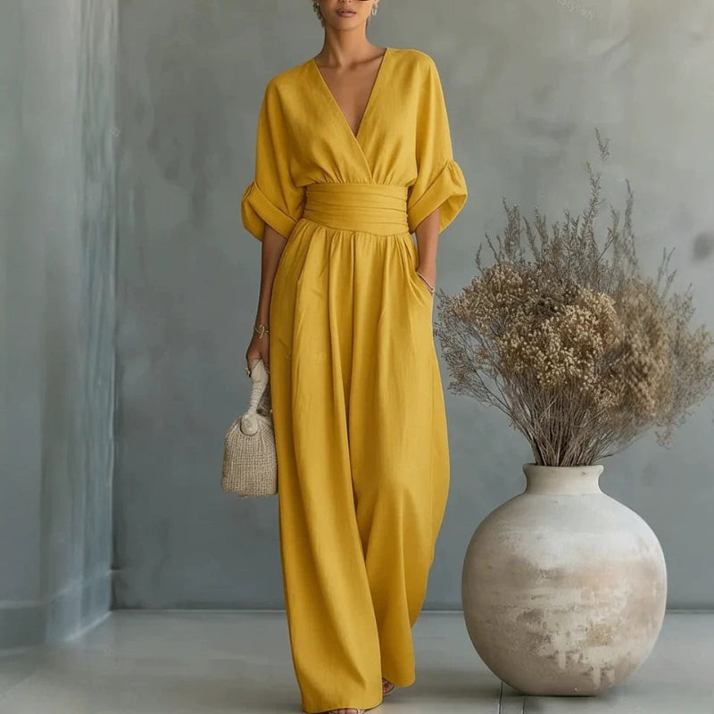 Short-Sleeved Jumpsuit - yellow