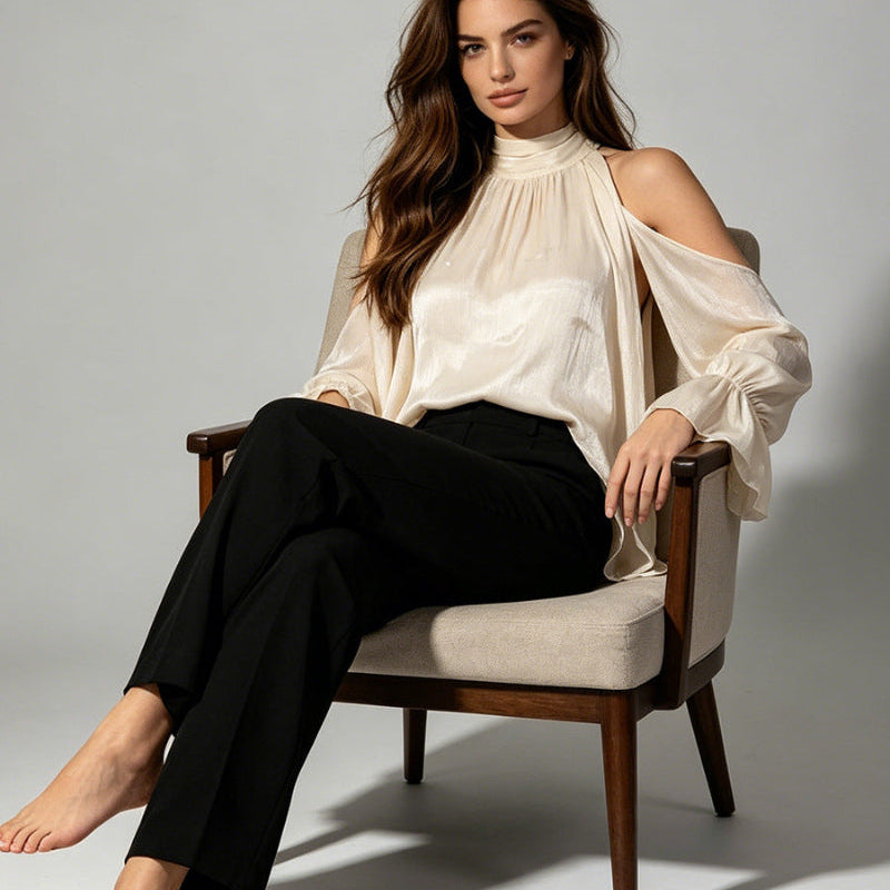 Apricot Cream Satin Cold-Shoulder High-Halter Billowy Sleeve Ruffled-Cuff Asymmetric Blouse