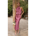 Draped Halter Neck Satin-Finish Midi Dress - purple