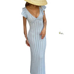 Flutter Sleeve V-Neck Openwork Maxi Dress - blue