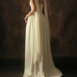 Cream Satin V-Neck Fitted Bodice Full A-Line Gown with Sheer Scarf