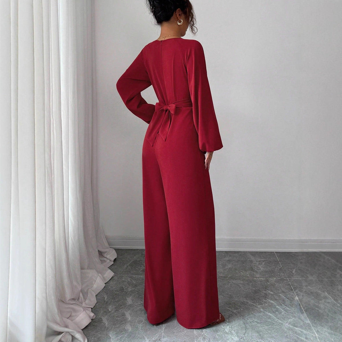 Jumpsuit With Puffed Sleeves, Square Neck And Wide Legs