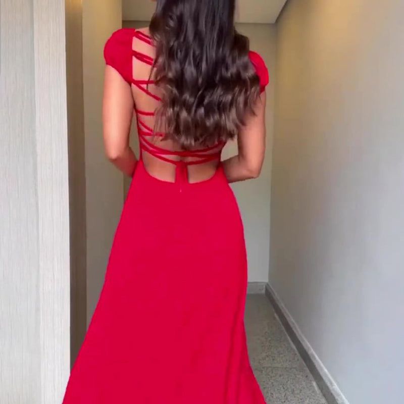 Red Slit Backless Strappy Maxi Dress