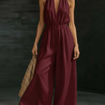 V-neck Halter Jumpsuit - Wine Red