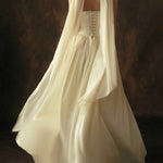 Cream Satin V-Neck Fitted Bodice Full A-Line Gown with Sheer Scarf
