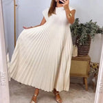 Short Sleeve Pleated Midi Dress -white
