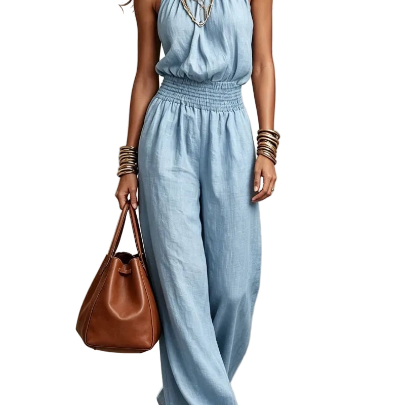 Halter Neck Shirred Waist Wide-Leg Jumpsuit - light blue