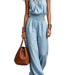 Halter Neck Shirred Waist Wide-Leg Jumpsuit - light blue