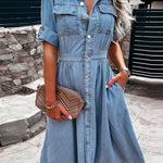 Single-breasted Lapel Midi Denim Dress