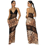 Leopard Print Lace-Panel Fishtail Maxi Dress