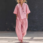 Loose-fit V-neck Top And High-waist Trousers - pink
