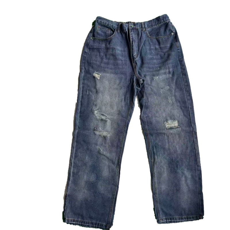 Men's Heavy-Distressed Washed Ripped Baggy Wide-Leg Streetwear Denim Jeans