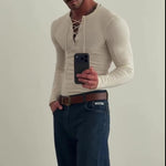 Beige Ribbed Knit Lace-Up V-Neck Long Sleeve Top