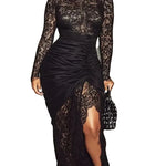 High Neck Long Sleeve Lace Maxi Dress - black