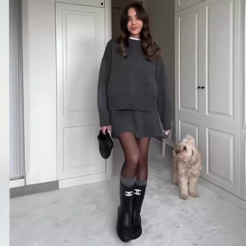 Long Sleeve Pullover Elegant Solid High Waist Mini Skirt Outfit