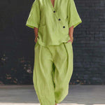 Loose-fit V-neck Top And High-waist Trousers - green