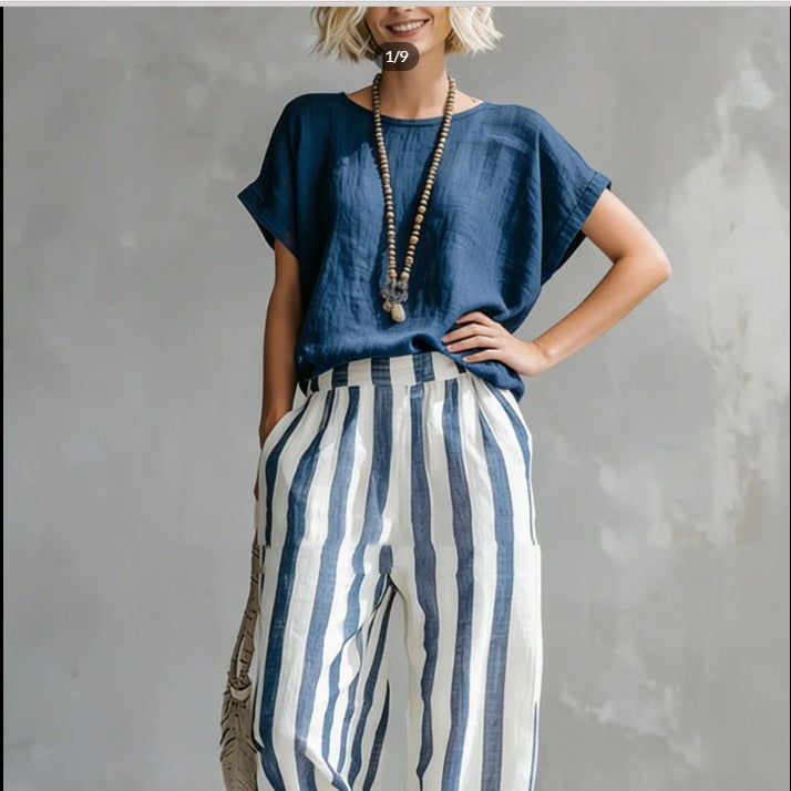 Round Neck Pullover T-Shirt And Striped Print Straight Leg Pants - navy blue