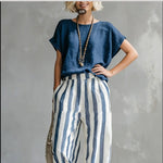 Round Neck Pullover T-Shirt And Striped Print Straight Leg Pants - navy blue