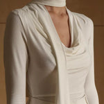 Ribbon V-neck Scarf Long-sleeved Base Top - white