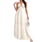 Backless Halterneck V-Neck Pleated A- Line Midi Dress - white