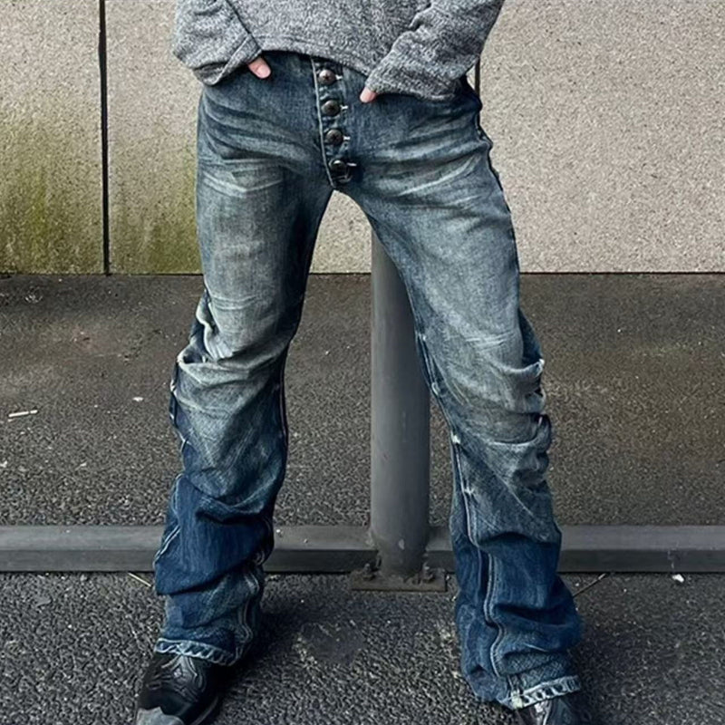 Men's Retro Acid-Washed Exposed Button-Fly Relaxed Bootcut Full-Length Denim Jeans