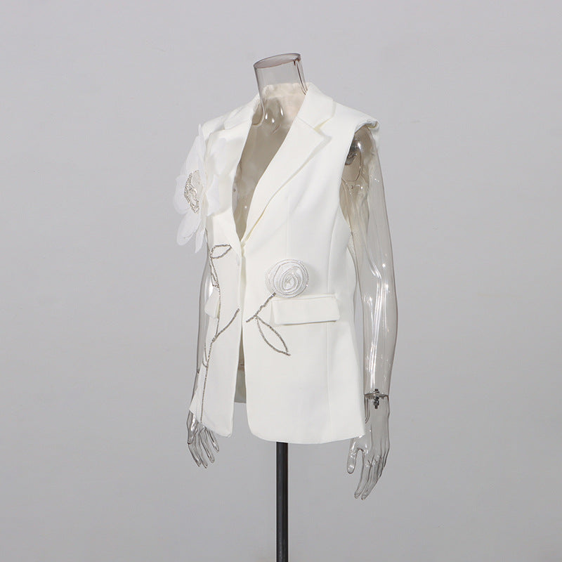Sleeveless Blazer Vest & Wide Leg Trousers 2 Piece Floral Embroidery Suit Co-ord - white