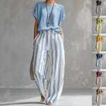 Round Neck Pullover T-Shirt And Striped Print Straight Leg Pants - blue