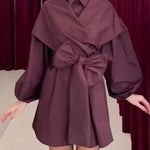 Deep Magenta Structured Wrap Tie-Waist Puff Sleeve Shirt Mini Dress