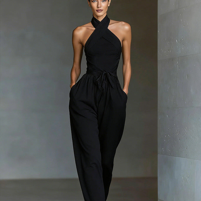 Linen Cross-Strap Wide-Leg Jumpsuit - black
