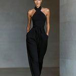 Linen Cross-Strap Wide-Leg Jumpsuit - black