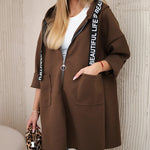Large Size Long Sleeve Zipper Woolen Coat - rown